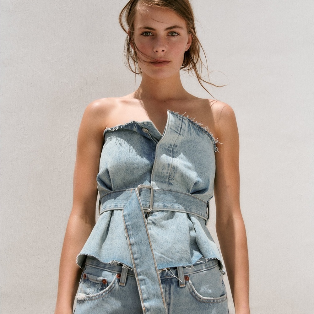 Zara nwt denim jeans belted corset strapless top - Picture 6 of 8